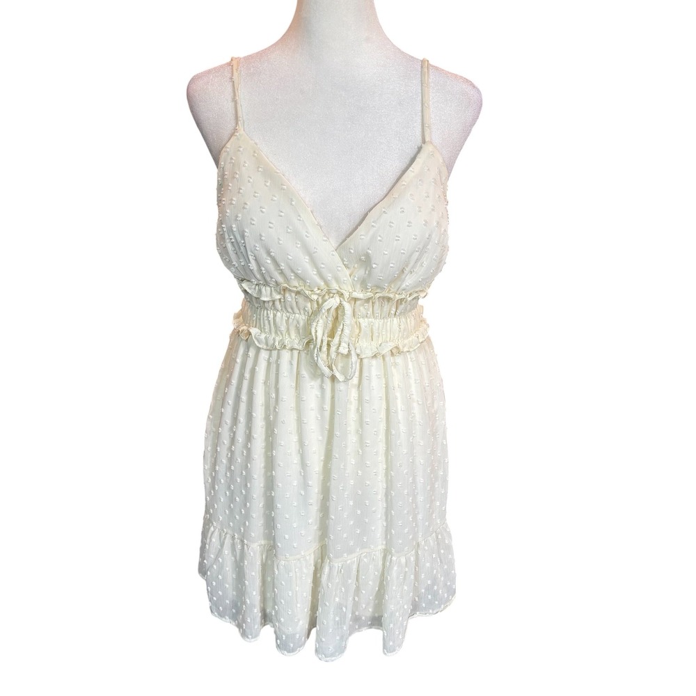 Wishful Thinking Cream Swiss Dot Mini Dress Smocked Waist Ruffle Hem Medium #390